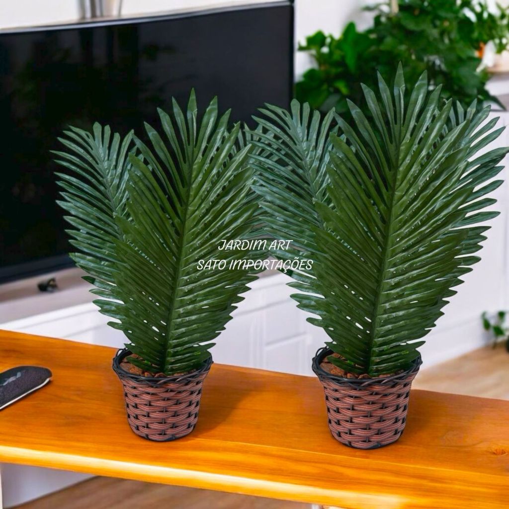 Par de Arranjo Completo 3 Folhas de Palmeira Coqueiro + Vaso trançado + Casca de Árvore + Argila – Decoração Natural PT1