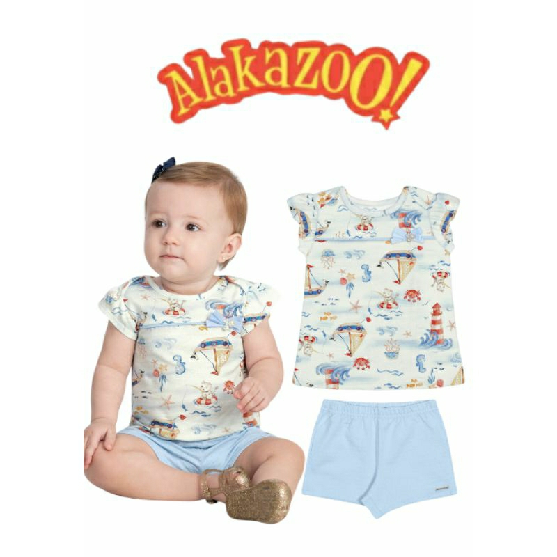 Conjunto Infantil Menina Alakazoo com Blusa e Shorts Texturizado , Cor: Azul - Tam:  6-12m, 1, 3 anos