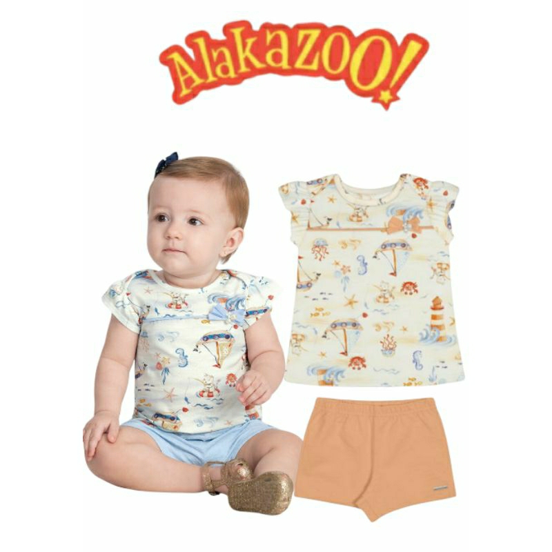 Conjunto Infantil Menina  Alakazoo com Blusa e Shorts Texturizado- Cor:Laranja- Tam: 1 ano