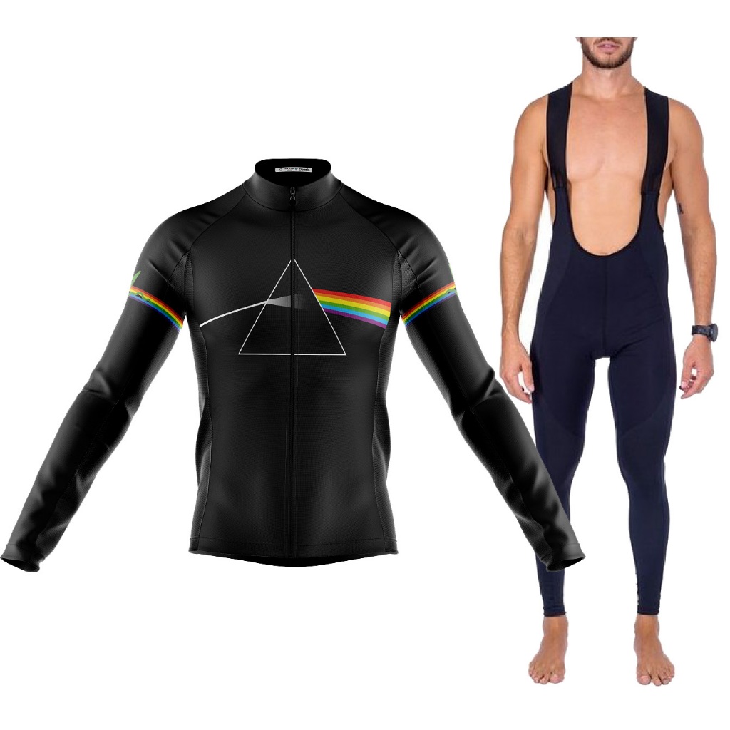 Kit Bretelle Gel 3D Camisa Pink Floyd Preta Manga Longa Dryfit Ciclismo Decole