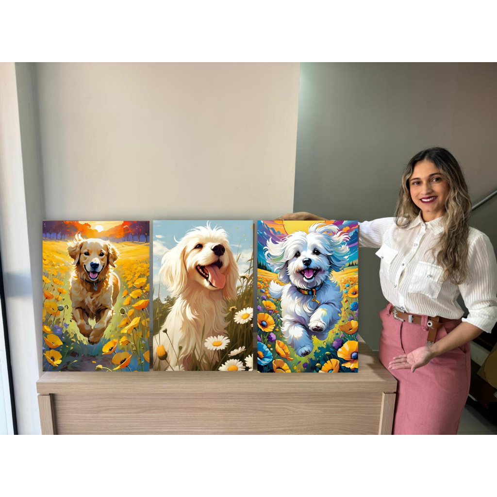 Quadro decorativo kit 3 peças cachorrinhos cachorros decoração pet shop sala quarto área de lazer