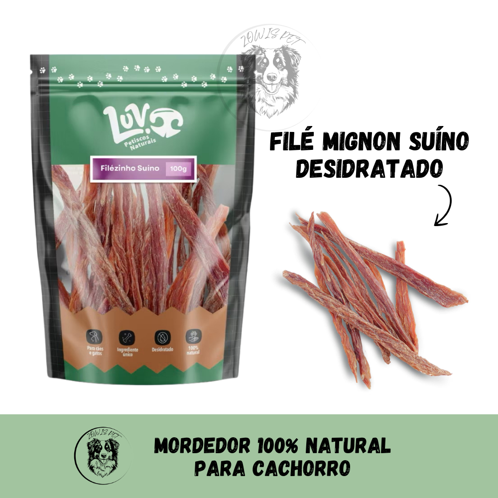 Petisco Para Cães e Gatos 100% Natural Sem Conservantes Filezinho Suino Desidratado 100g - Luv Petiscos