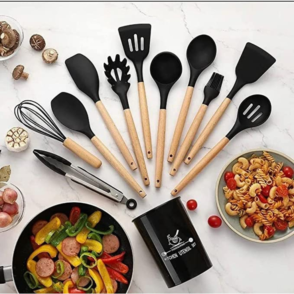 Kit C/12 Peças Utensílios De Cozinha Colheres Espatula Silicone Cabo Madeira Decoração Livre BPA unibom