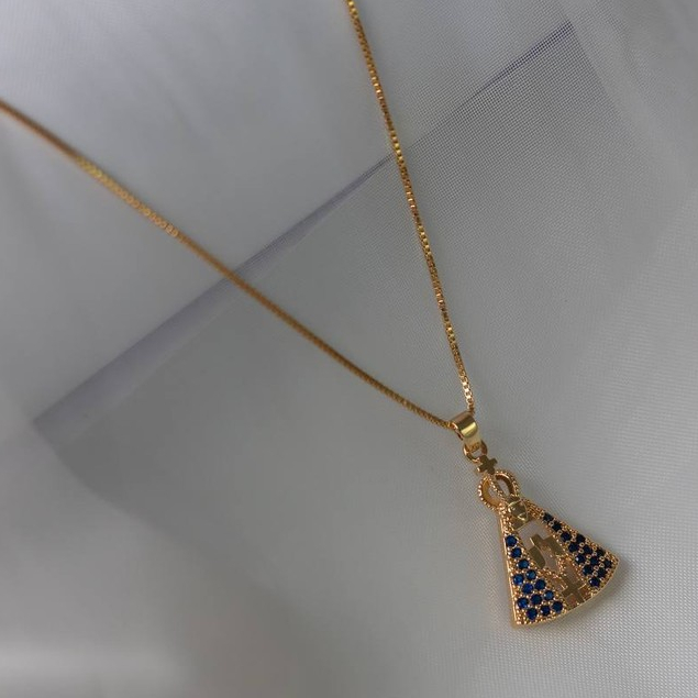 Colar Religioso Nossa Senhora Aparecida Zirconia Azul, Semijoia, Ouro 18K