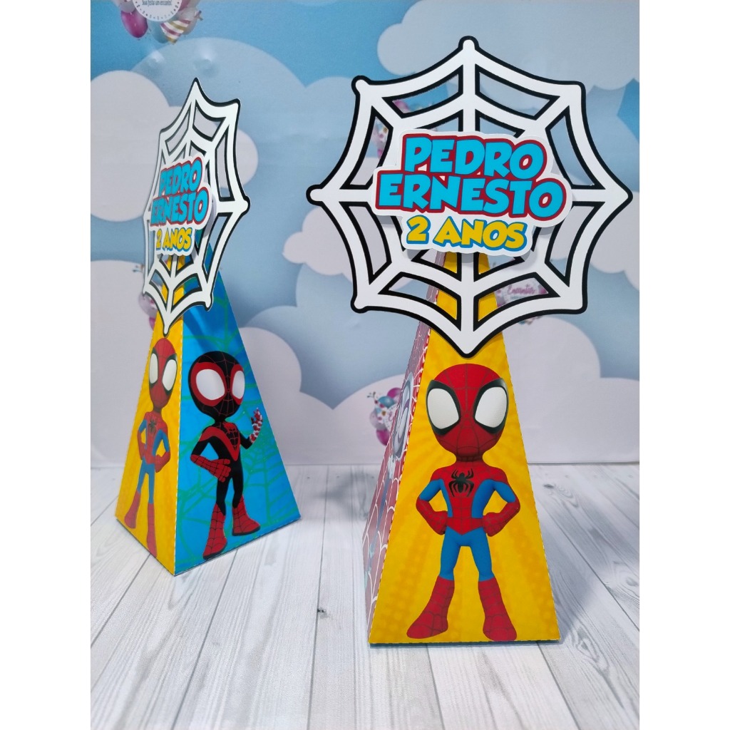 Caixa Pirâmide Aplique 3D Personalizada | Spidey e Seus Amigos | Papelaria para festa | Lembrancinha Personalizada