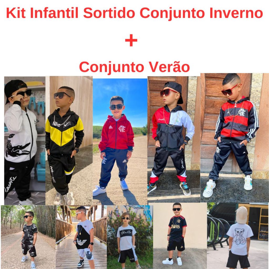 Kit Sortido Com 4 Peças Conjunto Inverno Moletom + Conjunto Verão Bermuda e Camiseta