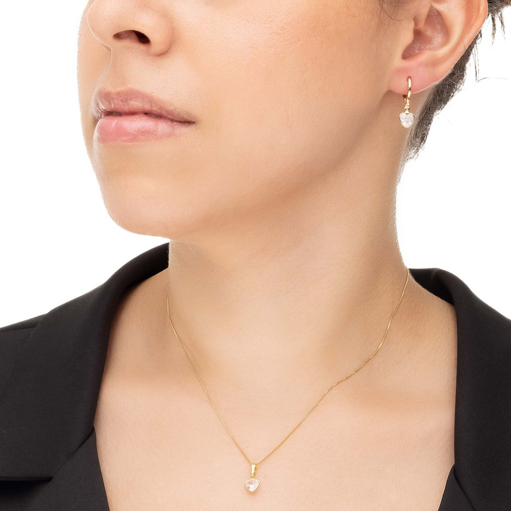 Brinco e Colar Coração Cristal, Semijoia, Ouro 18K