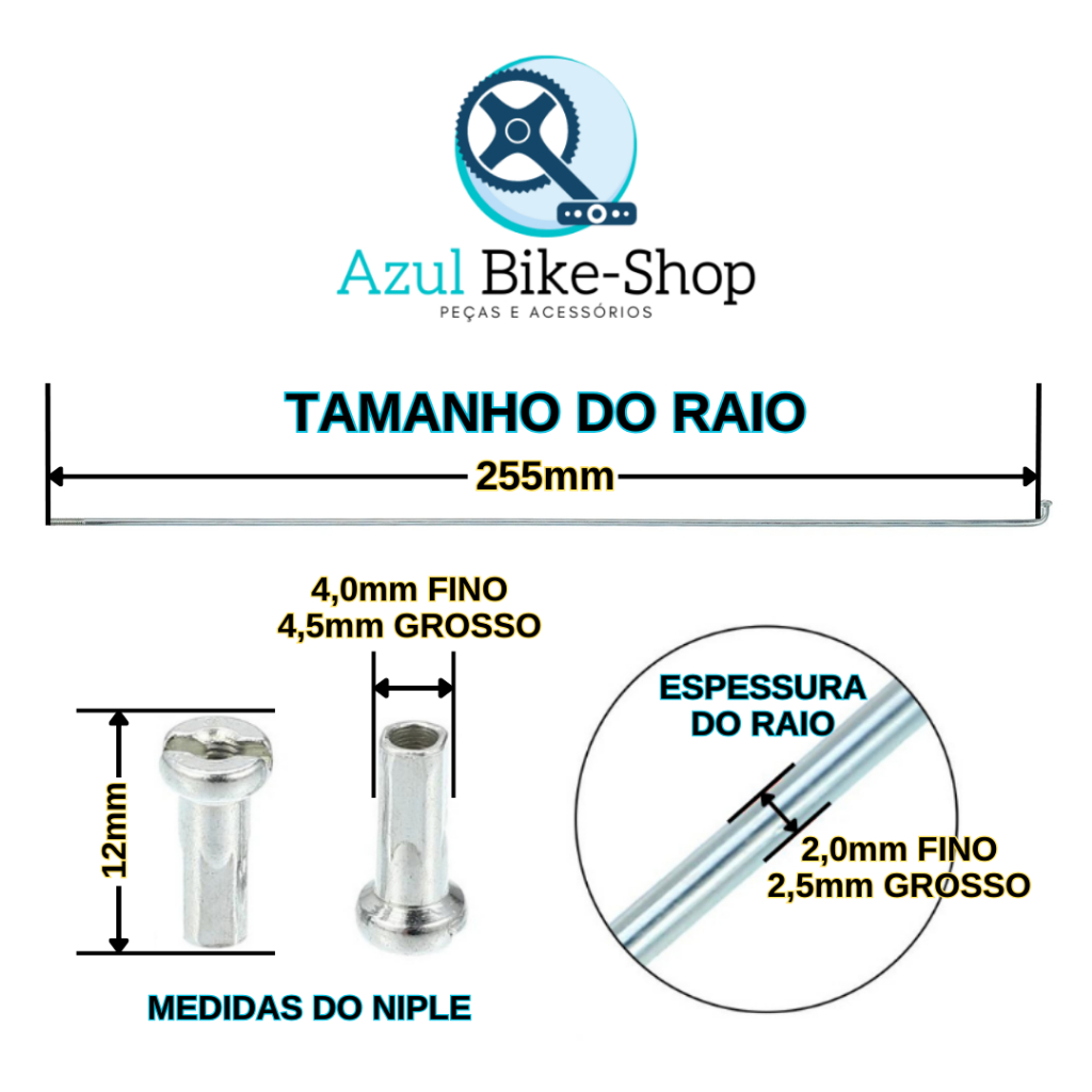 Raio Bike 255mm AÇO ZINCADO Natural Preto ou Cromado Grosso ou Fino