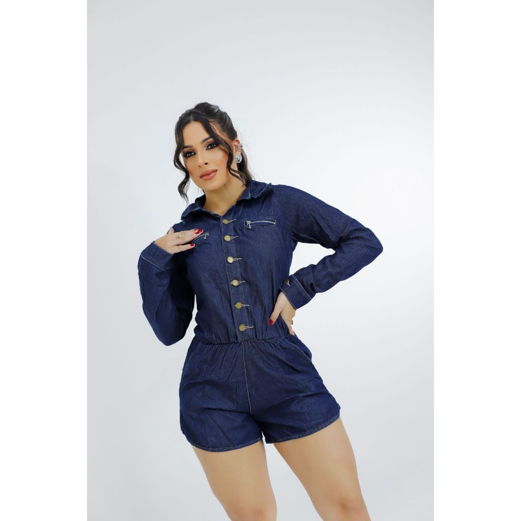 Macaquinho Jeans Short manga longa sem lycra. Macaquinho Jeans feminino P, M, G, GG
