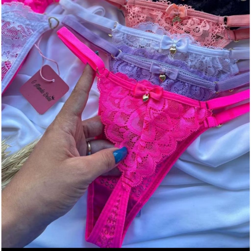 Kit 3 Tanga Paixão Calcinha Renda Com Regulagem Metal Lateral Colorida Fio Dental Laço em Oferta na Shopee