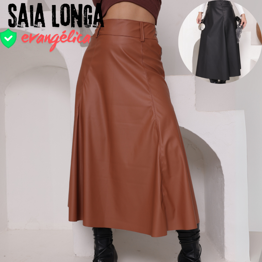 Saia Longa Feminina - Saia Festa Junina  Moda Evangélica  Saia Godê Rodada Saia Midi Saias evangélicas Saia Couro Fake em Oferta na Shopee