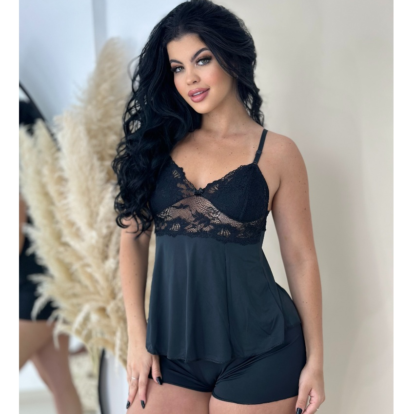 Short Doll Preto Sexy Renda Baby Doll Pijama Feminino Roupa de Dormir Detalhe de Luxo
