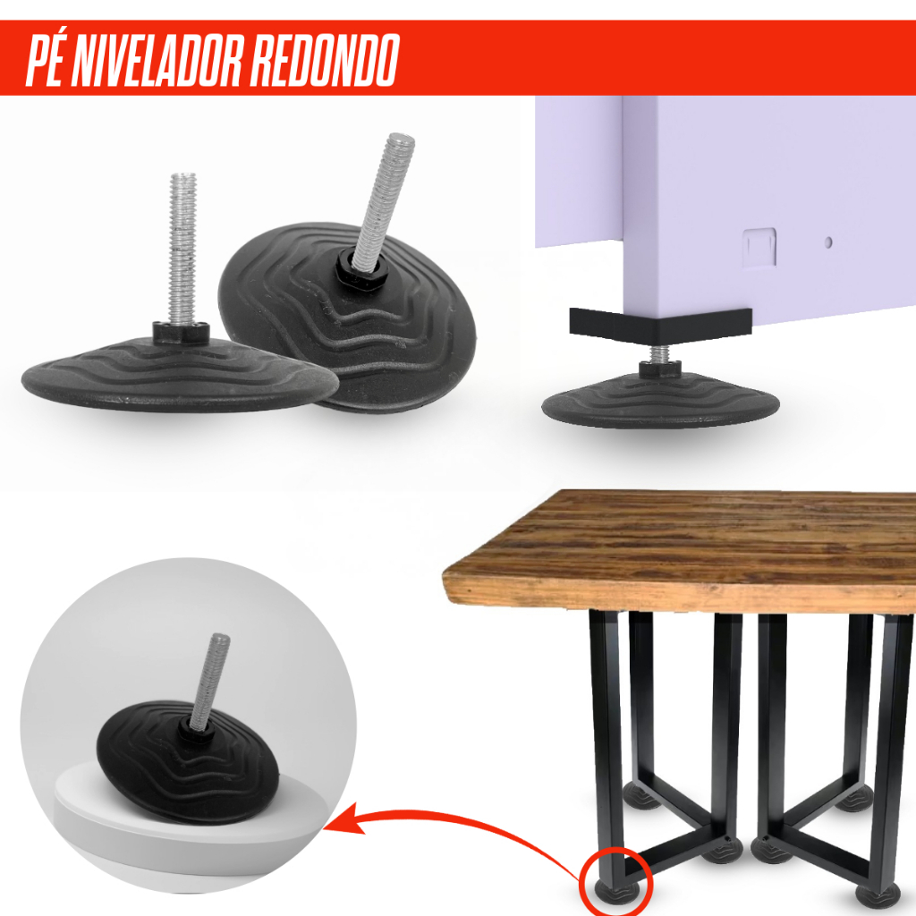 Pé Nivelador Grande Base 87mm Resistente Para Mesa Industrial Escritório Móveis Kit 4/8/12 Unidades