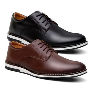 Kit 2 Pares de Sapato Oxford Masculino Derby Fino de Couro Premium Brilhante Com Solado Macio Costurado e Confortavel