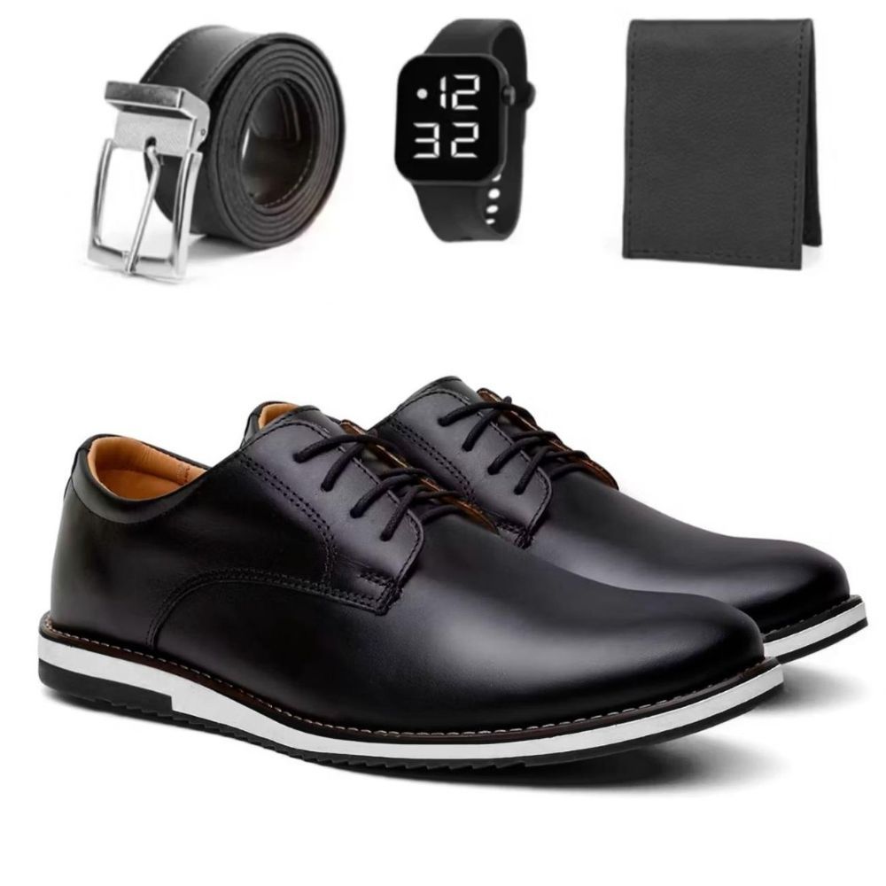 Kit Sapato Masculino Oxford Derby Casual De Couro Legitimo Sport Fino Com Solado Leve Macio + Cinto Carteira e Relogio em Oferta na Shopee