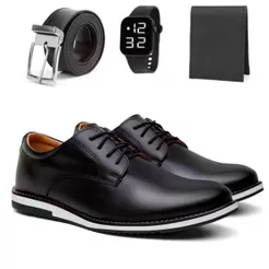 Kit Sapato Masculino Oxford Derby Casual De Couro Legitimo Sport Fino Com Solado Leve Macio + Cinto Carteira e Relogio