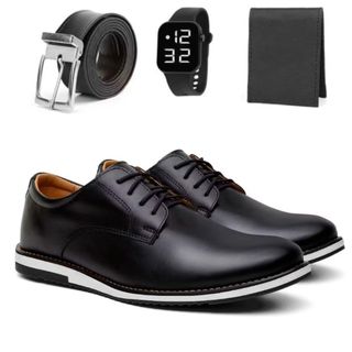 Kit Sapato Masculino Oxford Derby Casual De Couro Legitimo Sport Fino Com Solado Leve Macio + Cinto Carteira e Relogio
