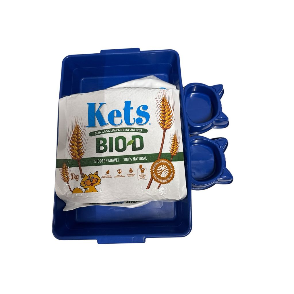 Kit Areia Kets Natural Biodegradável Bio-D 3Kg + Caixa de Areia para gatos + comedouro + bebedouro + pazinha