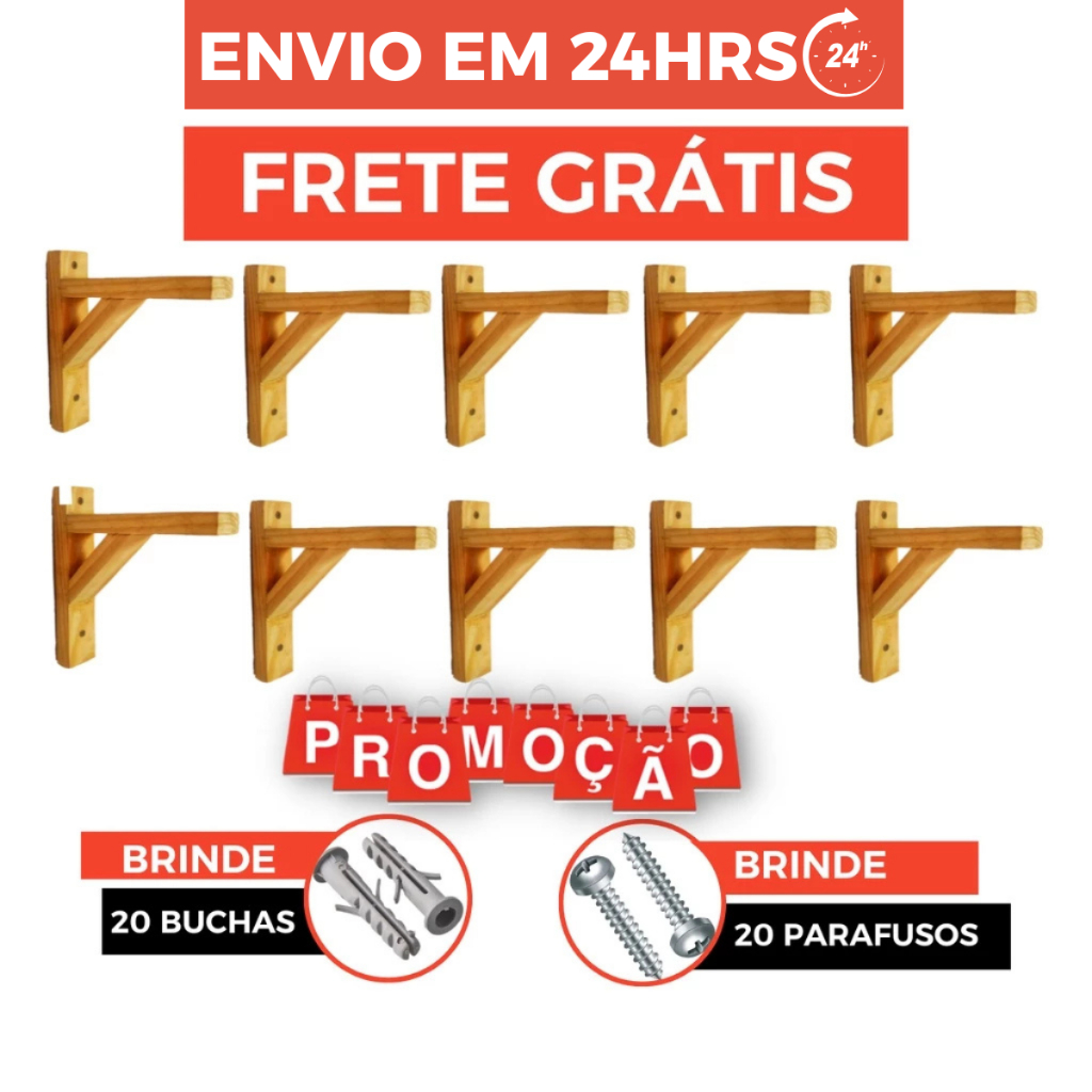 10 Mão Francesa de Madeira Pinus 25x25 + Parafusos