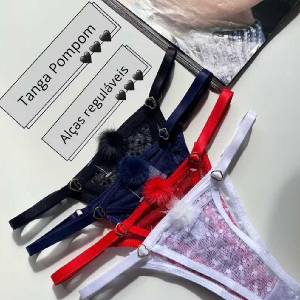 Kit 3 Tangas Pompom Coelho Fio Dental com Tule Linha Noite Com Regulagem Lateral Dourada em Oferta na Shopee