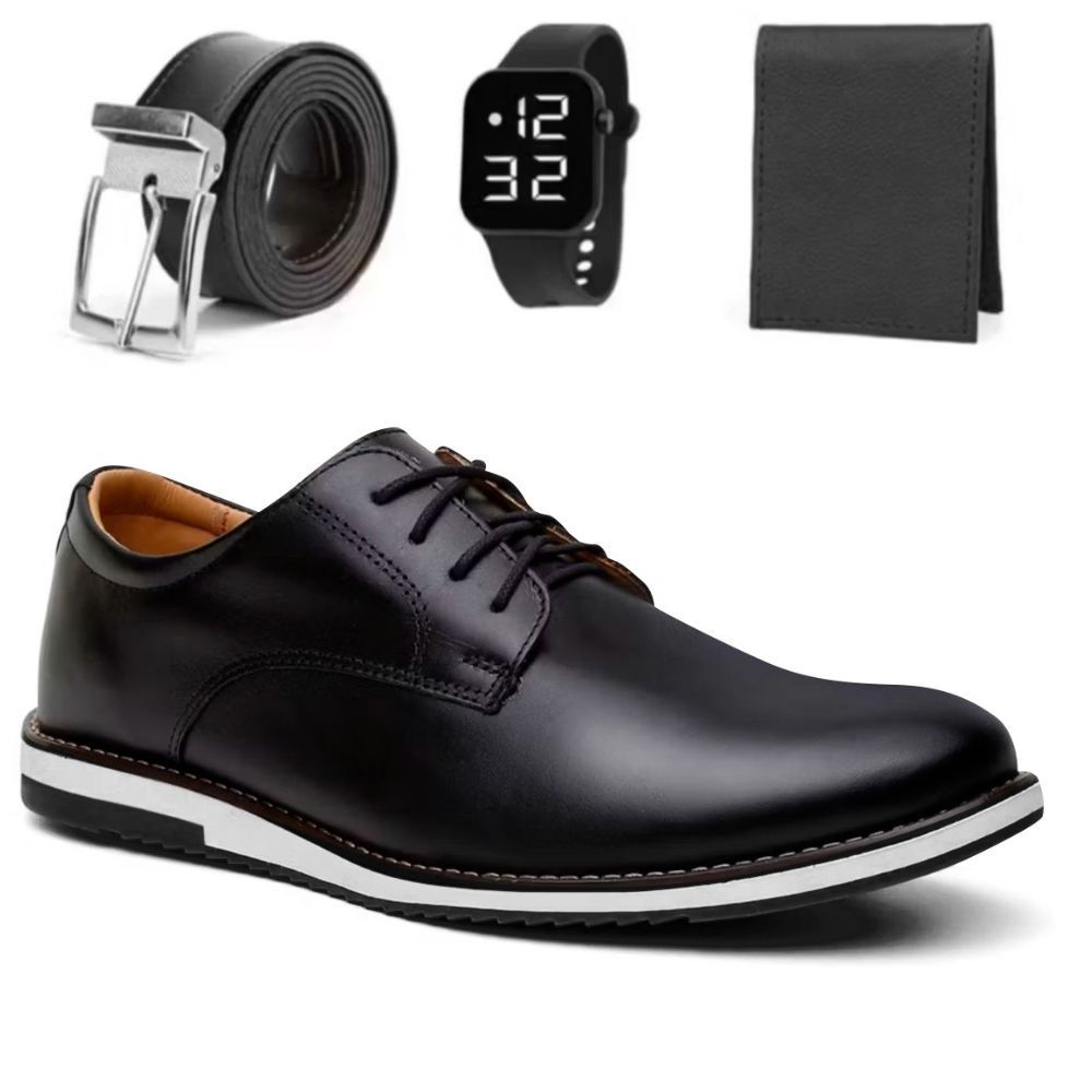 Kit Sapato Social Masculino Oxford Casual De Couro Confortável Com Solado Resistente Costurado + Relogio Cinto Carteira