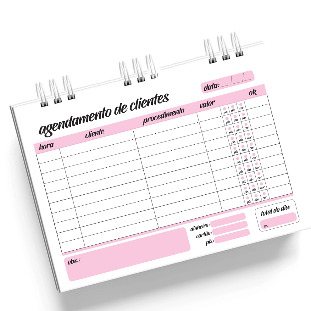 Bloco de Agendamento de Clientes 2025 21x15cm Capa Dura Rosa - 50 Folhas, Horário, Pagamento e Procedimento