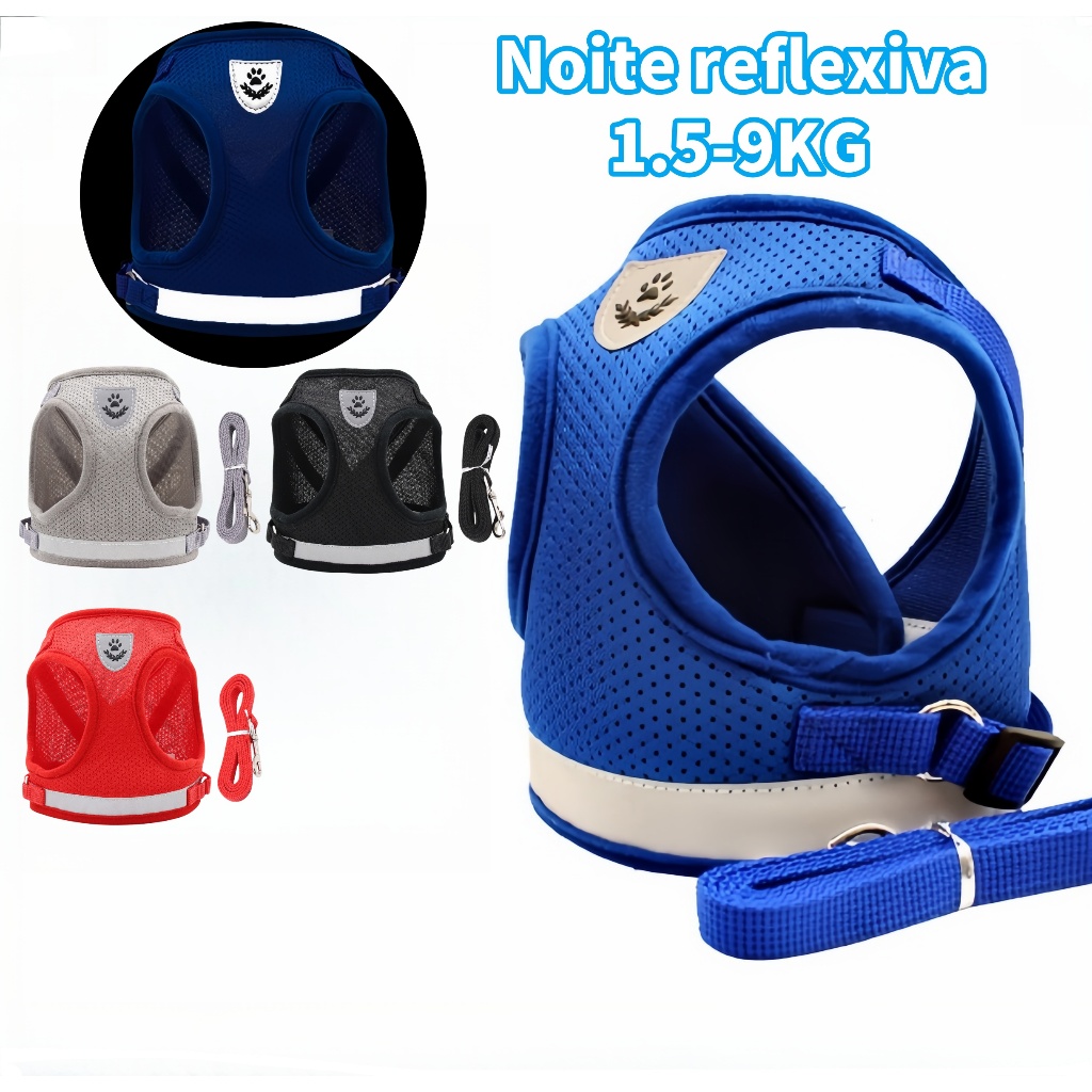 Coleira Peitoral Cachorro e Gato, conjunto de guia + coleira tipo colete para pet pequenos e médios