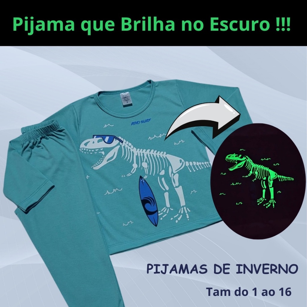 Kit 4 peças (2 conjuntos) Pijama Inverno Infantil Juvenil Menino Brilha no Escuro 1 ao 16