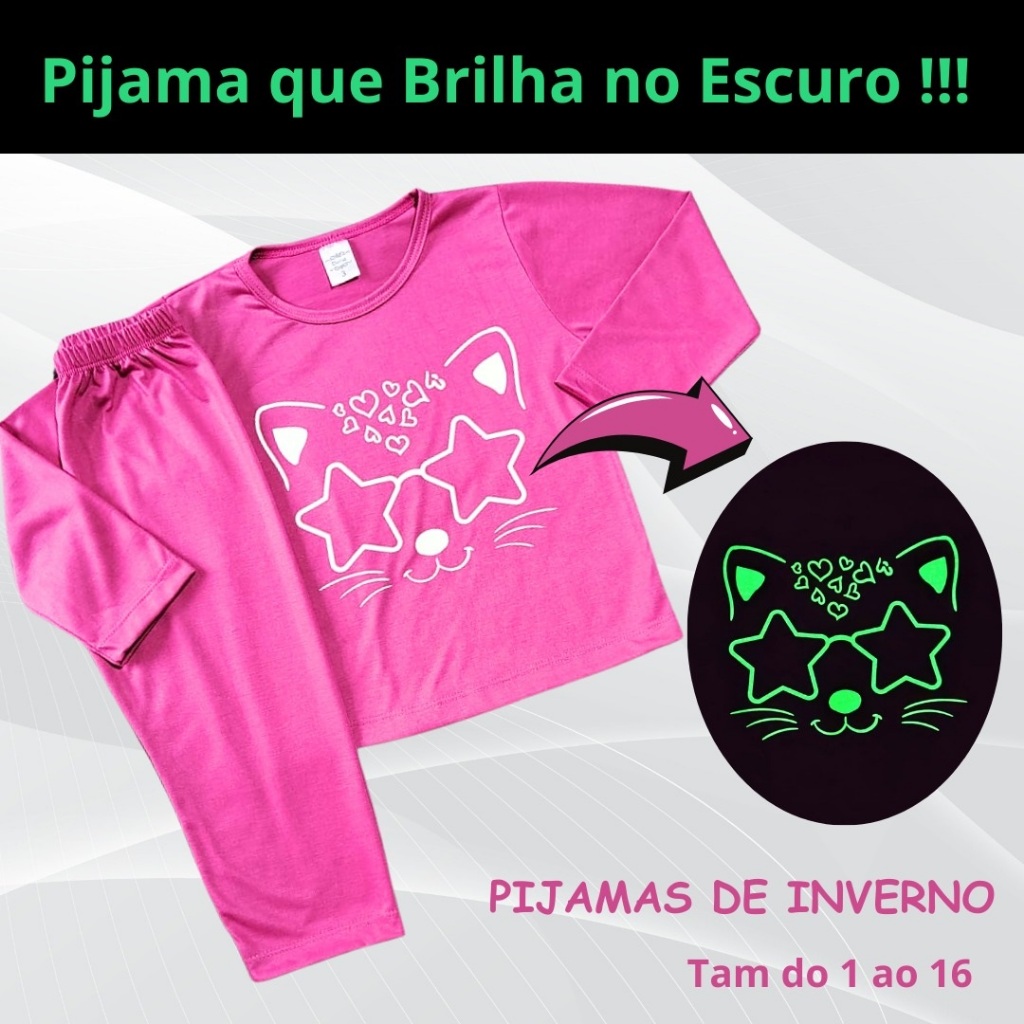 Kit 4 peças (2 conjuntos) Pijama Inverno Infantil Juvenil Menina Brilha no Escuro 1 ao 16