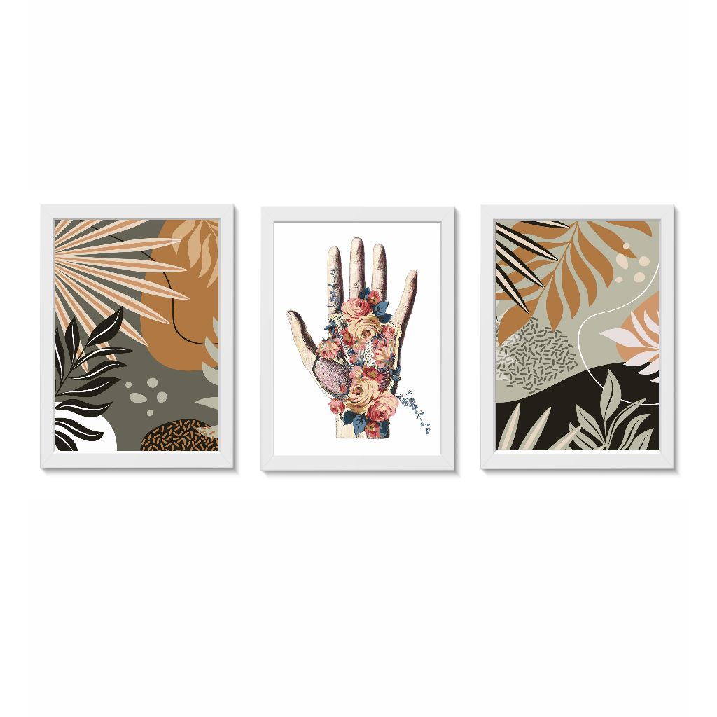 Kit 3 Quadros Decorativos Mão Florida Decoração Consultório Médico de Ortopedia e Fisioterapia Molduras 20x30cm Madeira