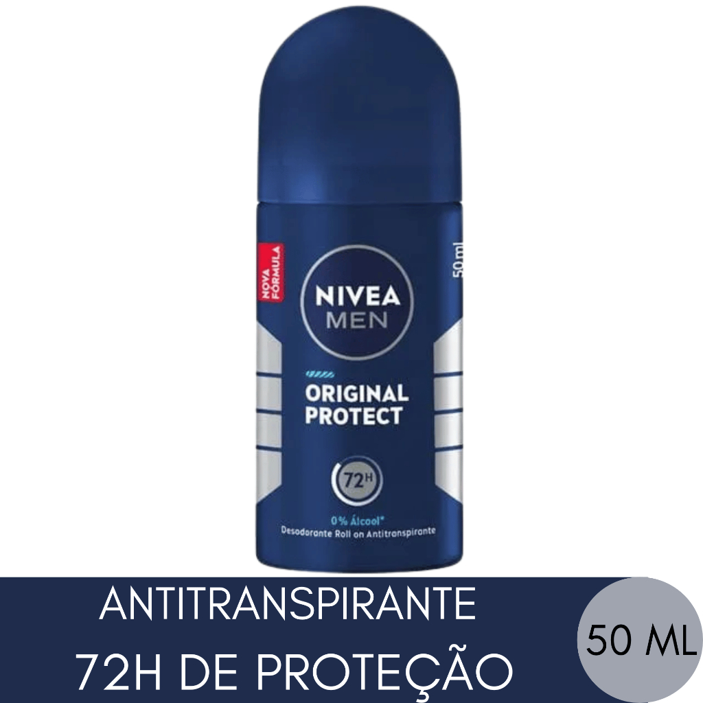 NIVEA MEN Desodorante Roll-on ORIGINAL PROTECT 50ml Sem Álcool 72Hrs Antimanchas Antitranspirante