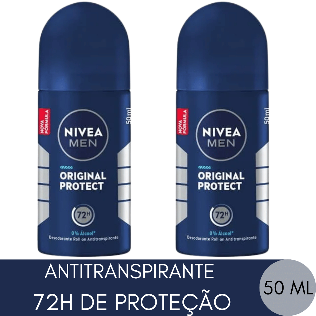 KIT 2X NIVEA MEN Desodorante Roll-on ORIGINAL PROTECT 50ml Sem Álcool 72Hrs Antitranspirante