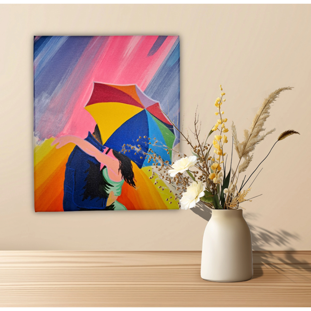 Mini Quadro Casal com Guarda Chuva Pintado a Mão medindo 30x25x2cm