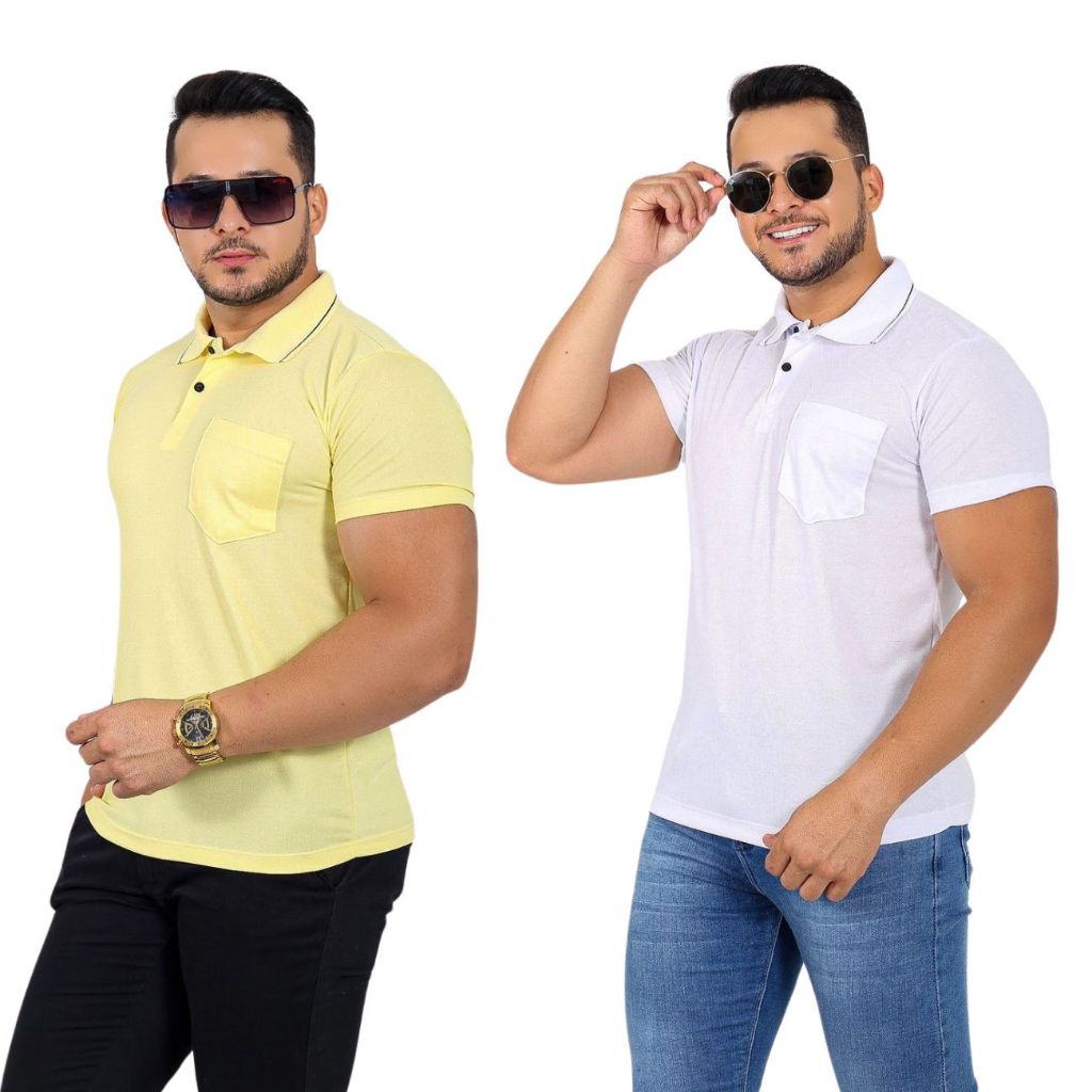 Kit 2 Camisa Camiseta Gola Polo Manga Curta Malha Piquet Poliéster Com Bolso Masculino Plus Size Casual