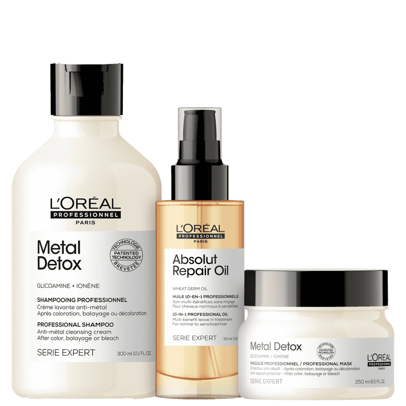 Kit L'Oreal Professionnel - Shampoo 300ml e Máscara 250ml Metal Detox e Óleo 90ml Absolut Gold