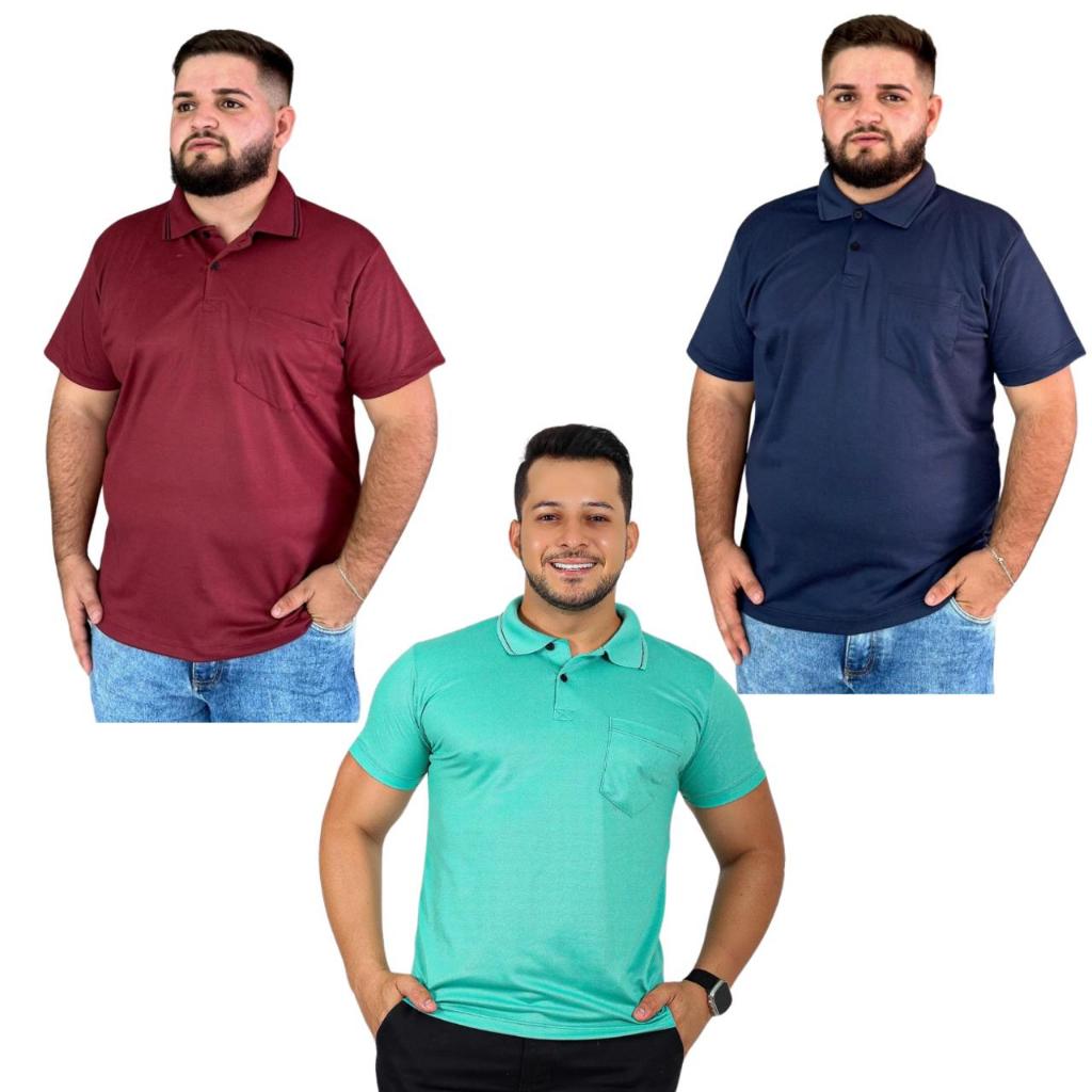 kit 3 Camiseta Camisa Gola Polo Piquet Com Bolso Manga curta Malha Masculino Lisa Básica Casual.