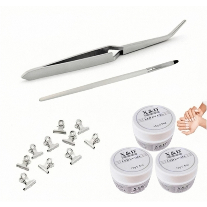KIT 3 Gel X&D + 6 Presilhas + Pinça de Curvatura Tamanho Médio + Pincel Alongamento Unha Gel Fibra