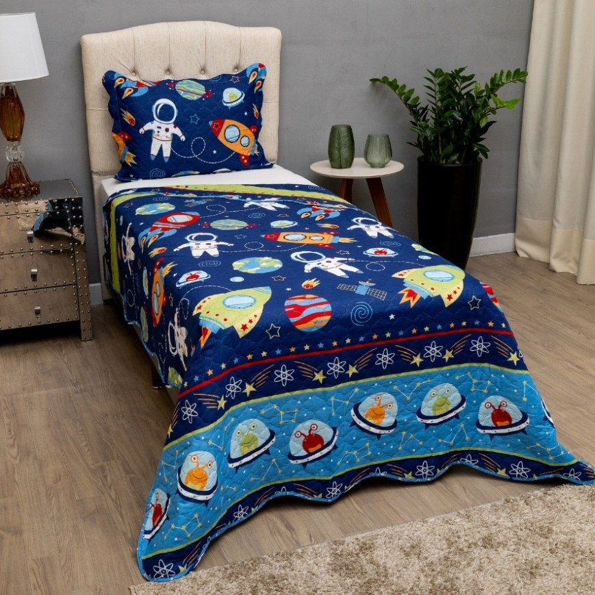 Colcha Cobre Leito Infantil Menino 2,20 x 1,60 Solteiro 2 Peças Matelado Boutis Percal