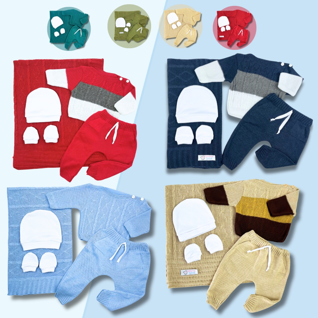 Kit Saida de Maternidade Bebê Menino Tricot Trico Tricô Luxo Masculino Completo Azul Marinho Vermelho Verde Bege  c24612