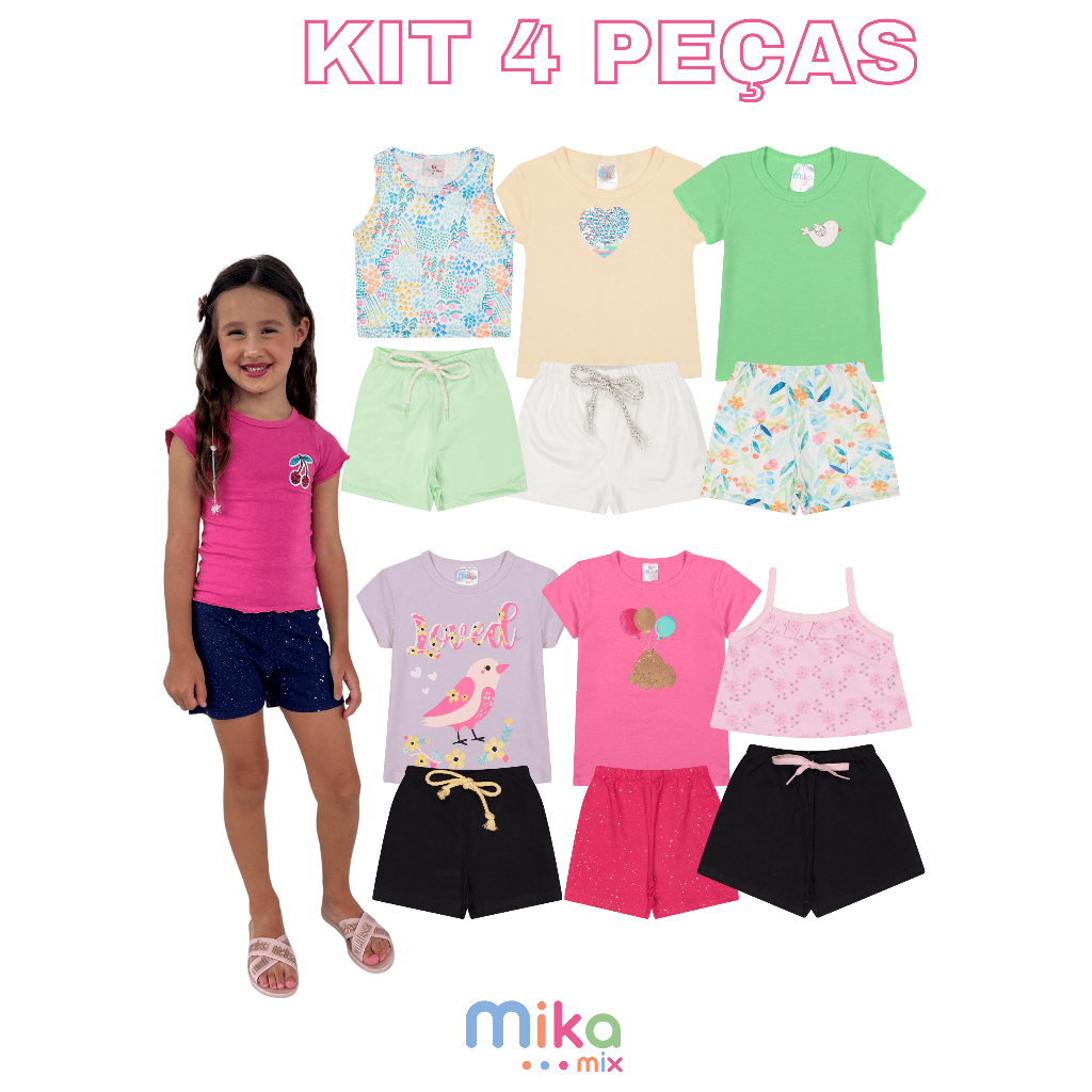 Kit Infantil Verão Menina 4 Peças – 2 Camisetas + 2 Shorts Sortidas (Tamanhos 1 a 8 Anos)