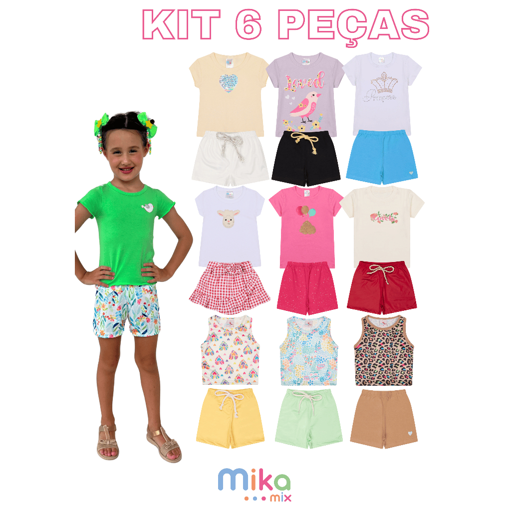 Kit Infantil Verão Menina 6 Peças – 3 Camisetas + 3 Shorts Sortidas (Tamanhos 1 a 8 Anos)