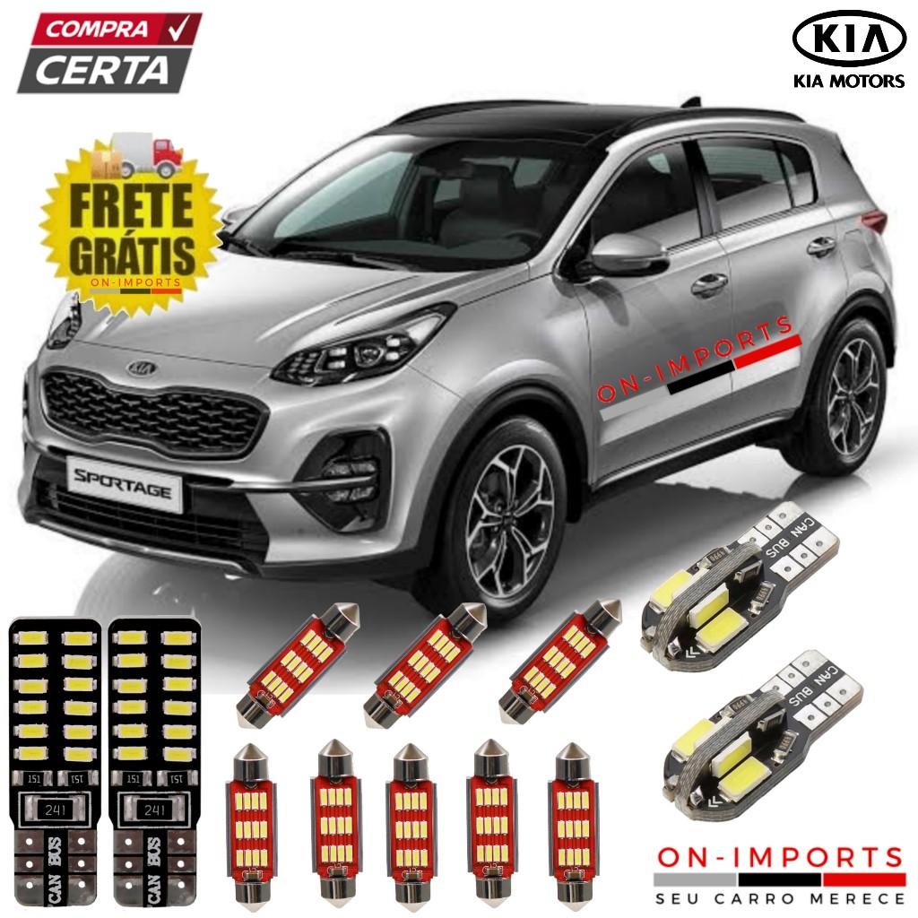 CONJUNTO LED PREMIUM KIA SPORTAGE LÂMPADAS RÉ PLACA TETO FAROL FAROLETE MEIA LUZ ESTACIONAMENTO T10 TORPEDO PINGO POLO