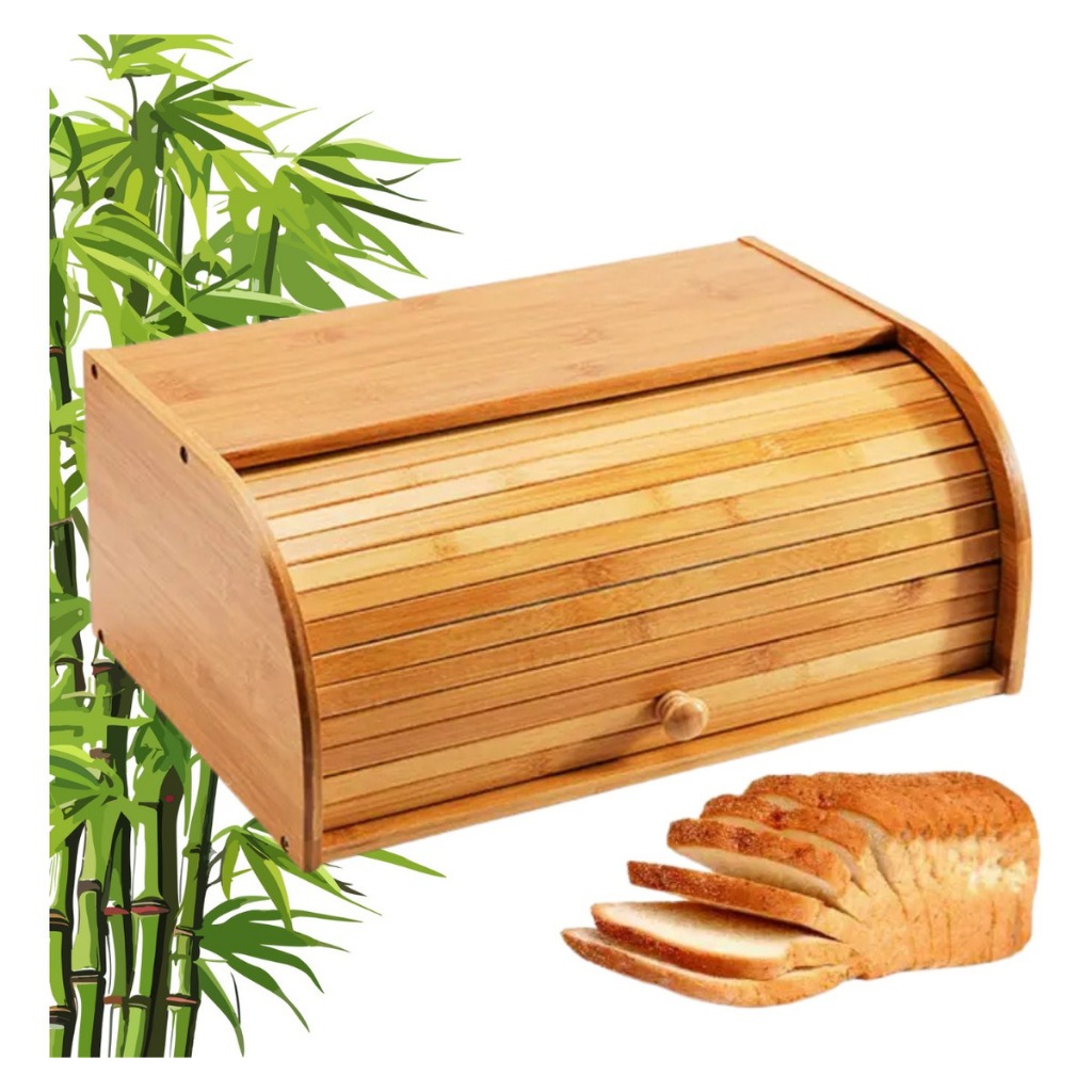 Porta Pães Bambu Grande Premium  com tampa retrátil Baú de armazenamento cozinha organizada
