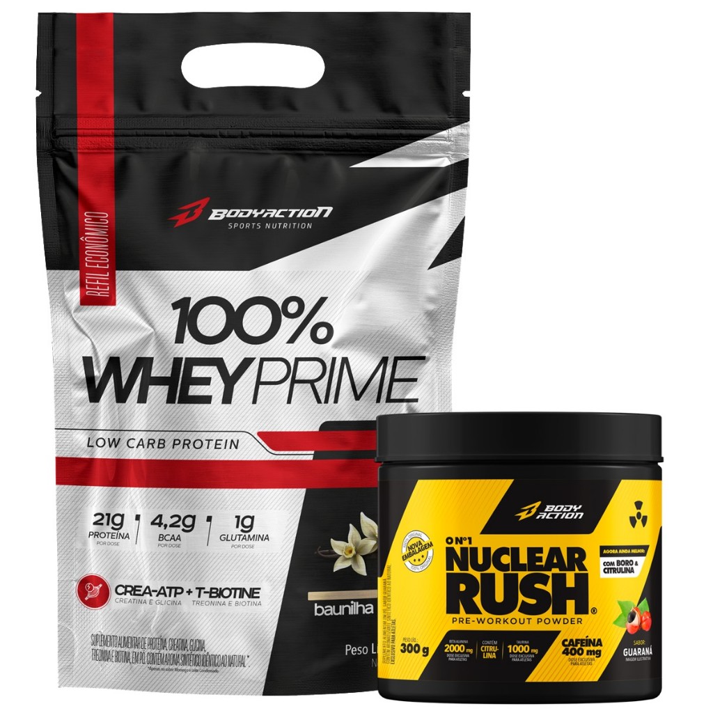 Whey Protein 100% Com Creatina 900g + Pré Treino Nuclear Rush 300g Bodyaction em Oferta na Shopee