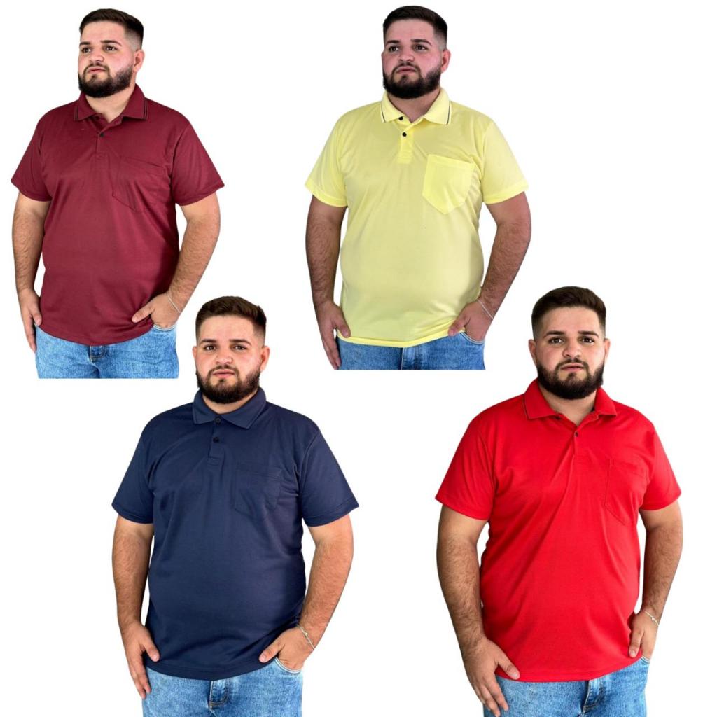 Kit 4 Camisa Camiseta Gola Polo Manga Curta Malha Piquet Poliéster Com Bolso Masculino Plus Size Casual