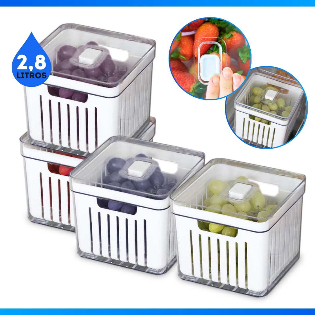 Kit 4 Organizador de Geladeira 2,8 Litros Cesto Com Tampa Multiuso Alimentos Verduras Translúcido