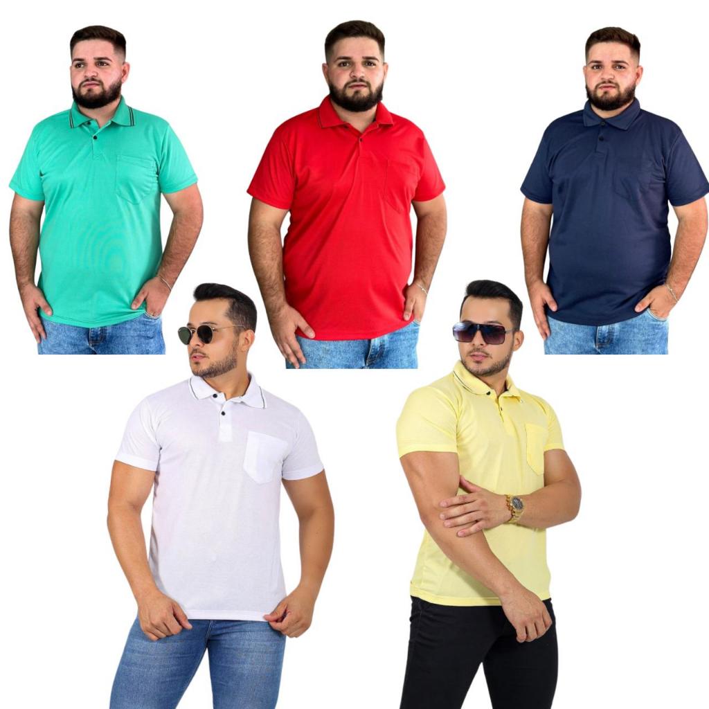 kit 5 Camiseta Camisa Gola Polo Piquet Com Bolso Manga curta Malha Masculino Lisa Básica Casual.