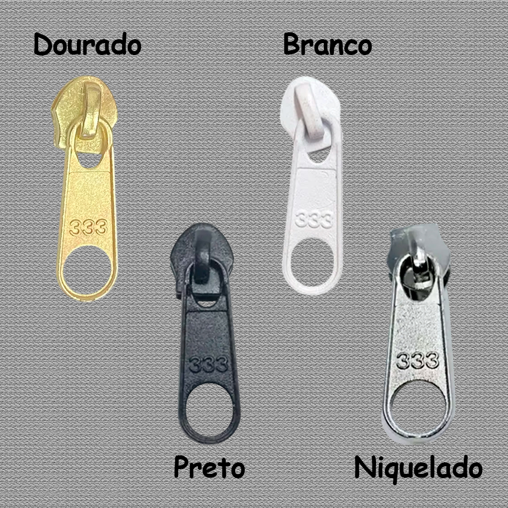Cursor Número 5 para zíper - 333 & FZP / 100 Peças / Niquelado, Dourado e Branco