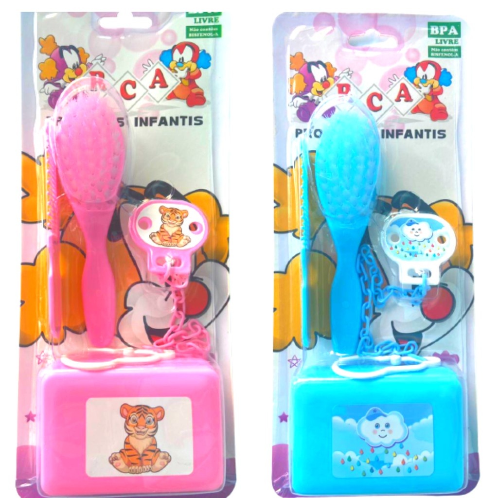 Kit Banho Escova, Pente, Prendedor de Chupeta Botton e Saboneteira Infantil RCA