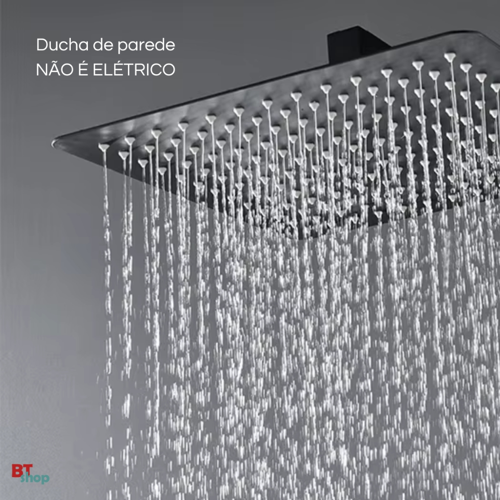 Ducha Inox Chuveiro Slim 30x30 + Preto Fosco Cano Quadrado